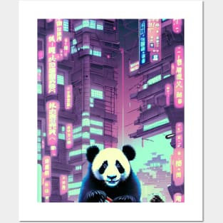 Cute Panda In Futuristic Cyberpunk City Posters and Art